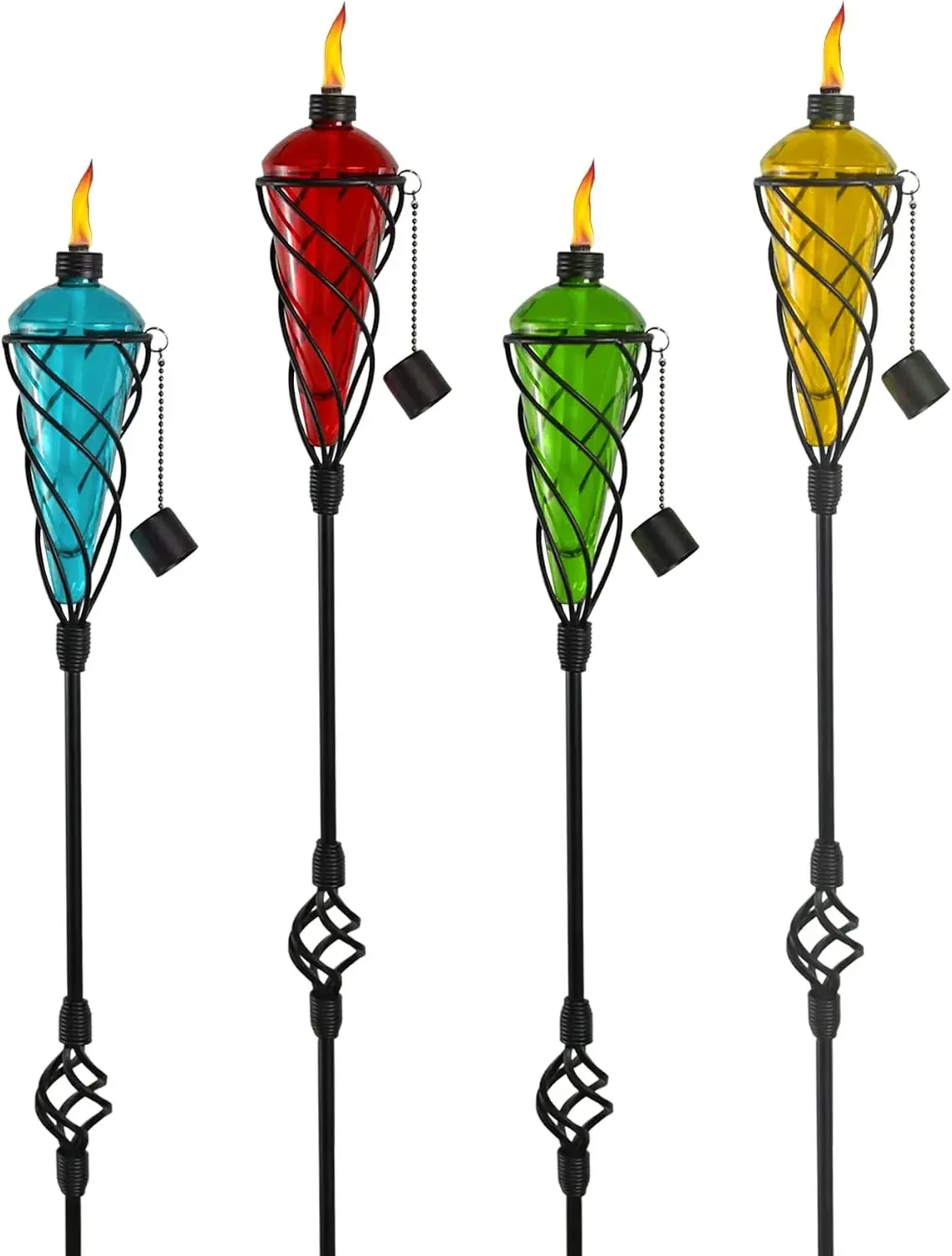 4 Pack 60 Inch Assorted Color Glass Garden Torch Light with Swirling Metal Ground Pole - Burning Citronella Torch Fuel