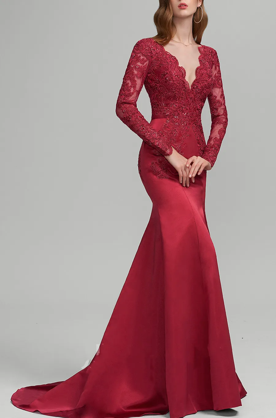 Vermelho sereia rendas sexy elegante vestido de noite de luxo cetim com decote em v varredura trem baile de formatura vestidos de festa feminino formales