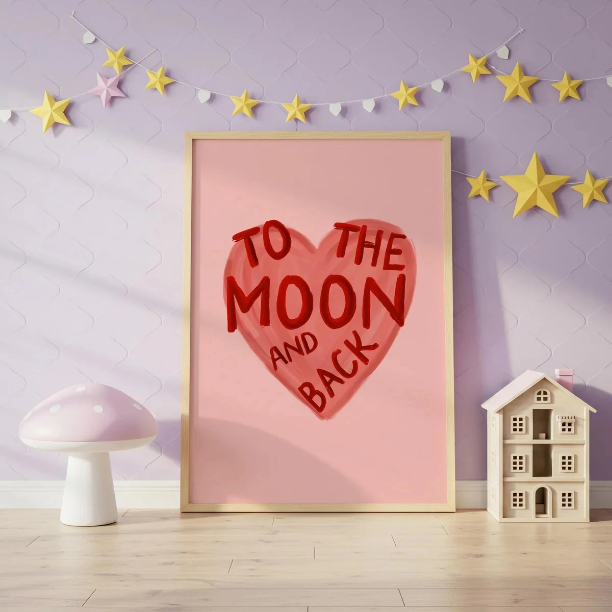 Moderner Cartoon-Wandkunstdruck mit rosa Motiv „To The Moon And Back“, Leinwandgemälde, Poster, Bild für Kinderzimmer, Wohnzimmer, Heimdekoration