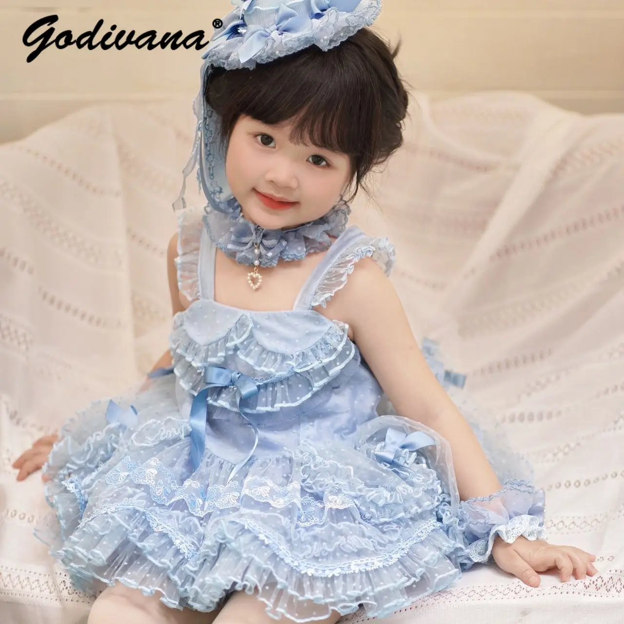 Original Sweet Baby Girls Elegant Suspender Princess Tutu Dress 2026 Summer New Kids Lace Trim Birthday Performance Ball Gown
