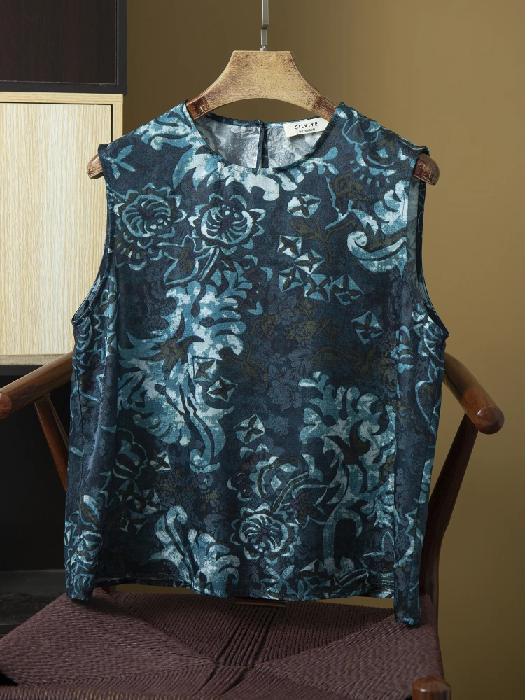 

Silk Art Vintage Blue Porcelain Silk Vest Women's 00 Silk round Ne Svel Comfortable Loose A-Line Top
