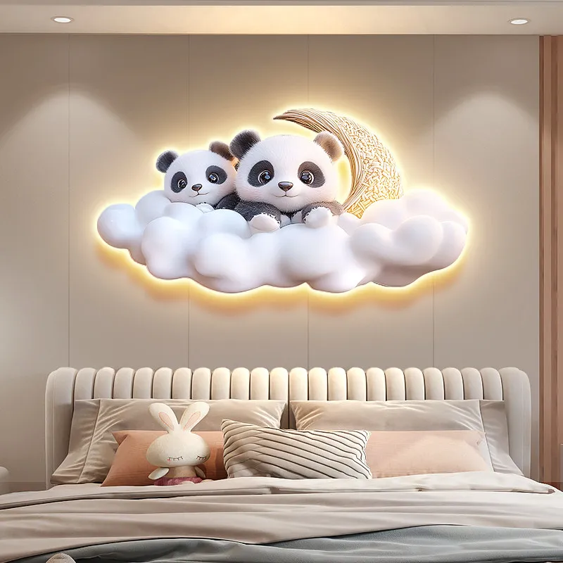 Cream style panda children's room decoration cartoon moon bedroom hanging painting bedside background wall with light mural