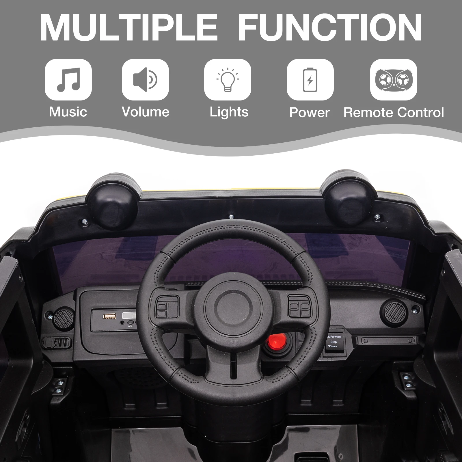 รถยนต์เด็กนั่งขับ 2 ที่นั่ง พร้อมรีโมทคอนโทรล รถบรรทุกขับเคลื่อน 4 ล้อ สำหรับขับขี่ออฟโรด ใช้พลังงานแบตเตอรี่ไฟฟ้า 12V มอเตอร์คู่ 25 วัตต์ ระบบกันสะเทือนแบบสปริง