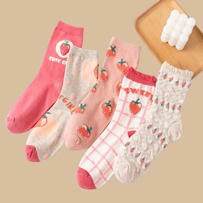 

3/6 Pairs New Mid-Tube Autumn Winter Women's Fashion Cotton Socks Cute Fruits Sweet Student Socks Pink Strawberry Mid Tube Socks