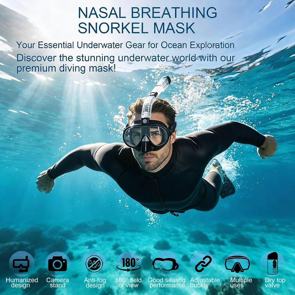 Half Face Silicone Snorkel Mask Dry Top Nose Breathing Detachable Snorkeling Tube Ergonomic Seal With Camera Mount