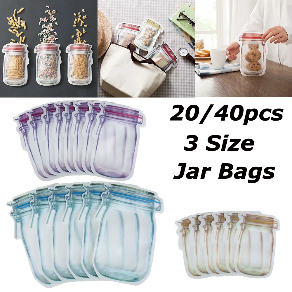 20/40 Bolsas Reutilizables Tipo Frasco Mason para Frutos Secos, Dulces y Galletas, Bolsas de Plástico Selladas con Cierre Zip, Suministros de Almacenamiento para el Hogar, 3 Tamaños, Nuevas
