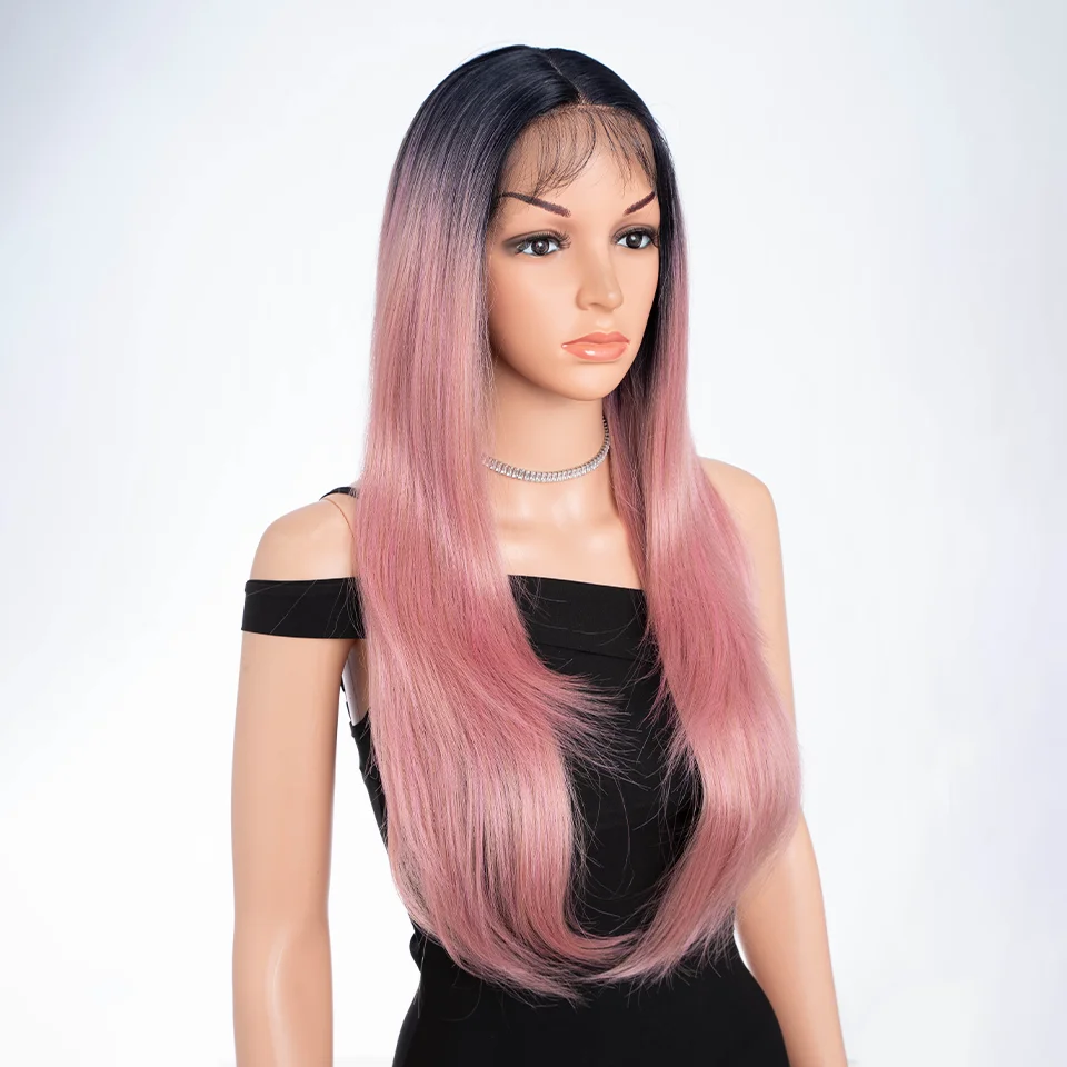 Synthetic Lace Wig Straight Lace Front Wigs 26 inch Ombre Blonde Pink Wigs For Women Cosplay Daily Wigs Heat Resistant Fibre