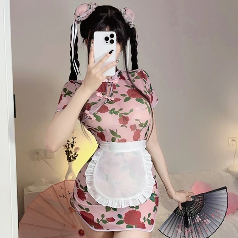 Sexy Chinese Style Cheongsam Skirt Cosplay Erotic Traditional Printing Improve Qipao Dress Maid Uniform Couple Sex Game Costumes