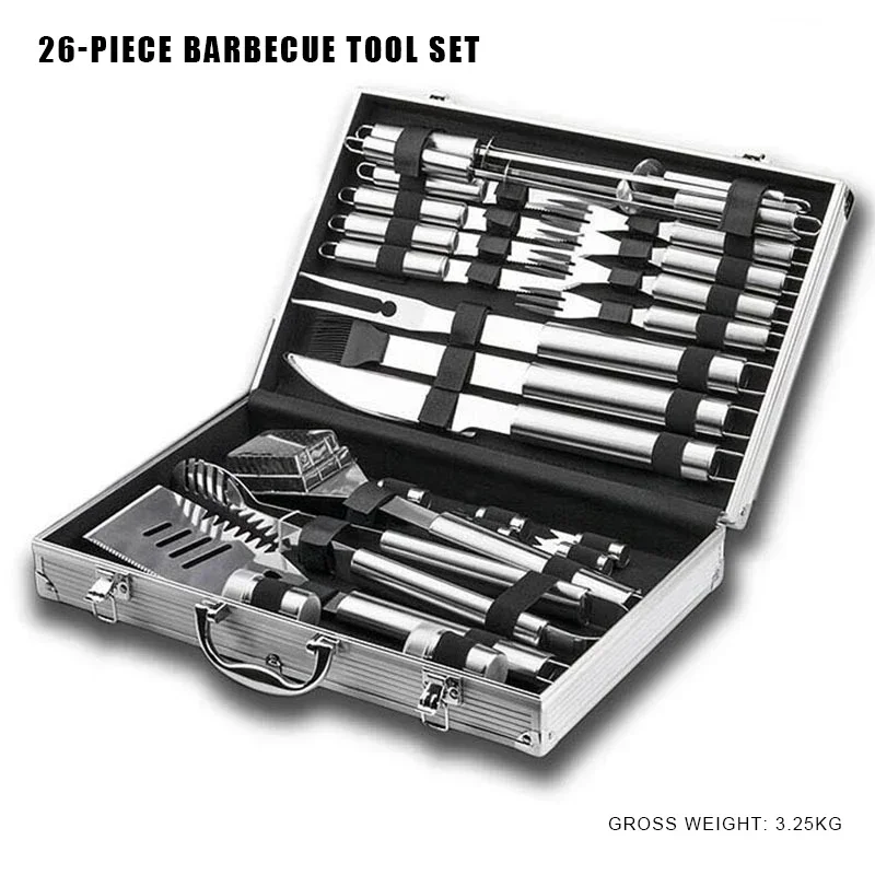 26PCS/Set Stainless Steel BBQ Tools 26Pcs Set Barbecue Utensil Accessories Camping Outdoor Cooking Tools Kit With Aluminum Box