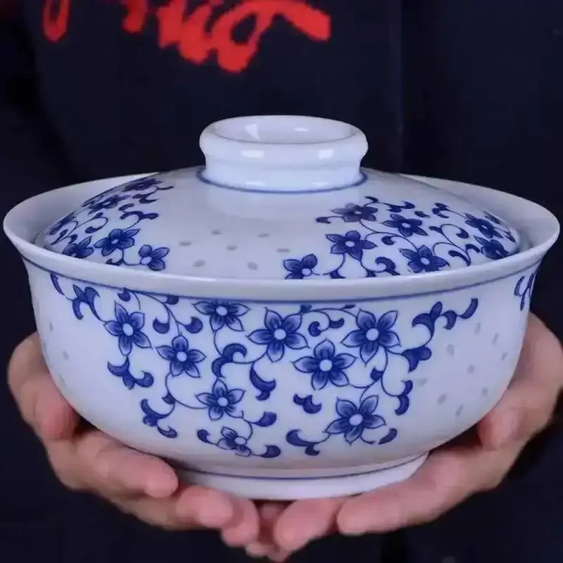 7inch Blue And White Instant Soup Noodle Bowl Ceramic Bowl With Lid Salad Bowl Tableware