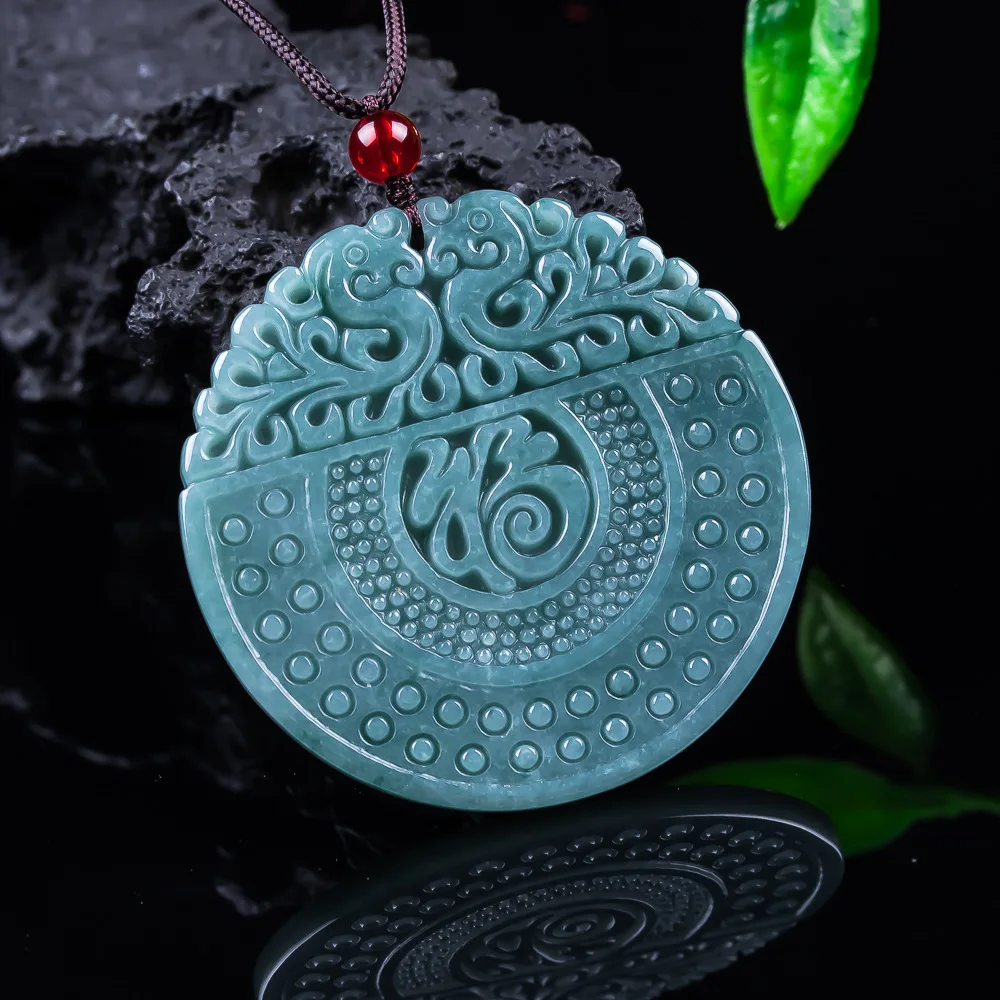 

Myanmar Emerald Blue Water Jade Blessing Pendant Talismans Carved Amulet Vintage Charm Luxury Designer Real Necklace Fashion