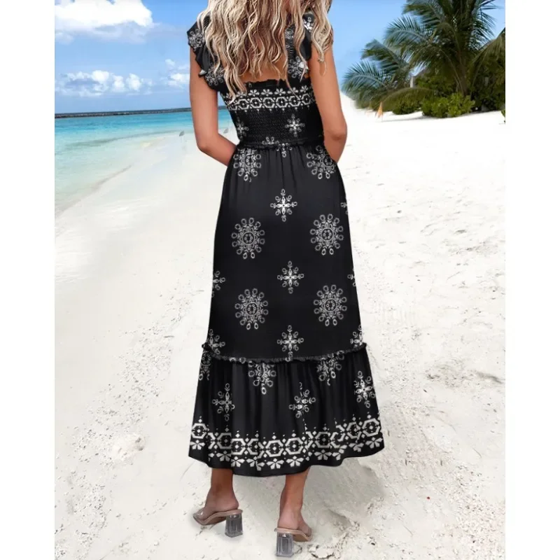 Robe mi-longue élégante sans manches pour femmes, nouvelle mode, cintrée à la taille, Style vacances, imprimé floral, taille élastique