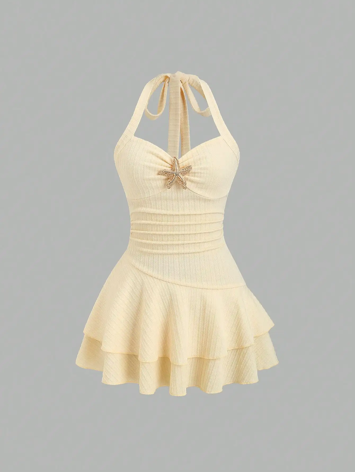

Women's Cream Textured Halter Mini Dress with Ruched Bust, Starfish Embellishment & Double Ruffle Hem