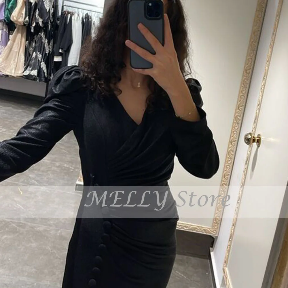 Moderno preto Vestidos de Noite Para As Mulheres Com Decote Em V Completa Mangas Zipper Prom Dress Side Dividir Sereia Backless فستان سهرة نسائي