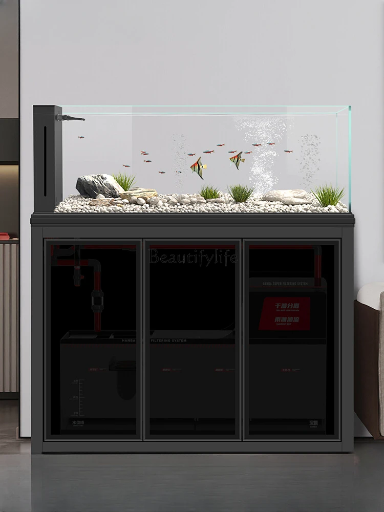 Native Stream Fish Tank Living Room 2024 New Industrial Style Large Super White Bottom Filter Landscape