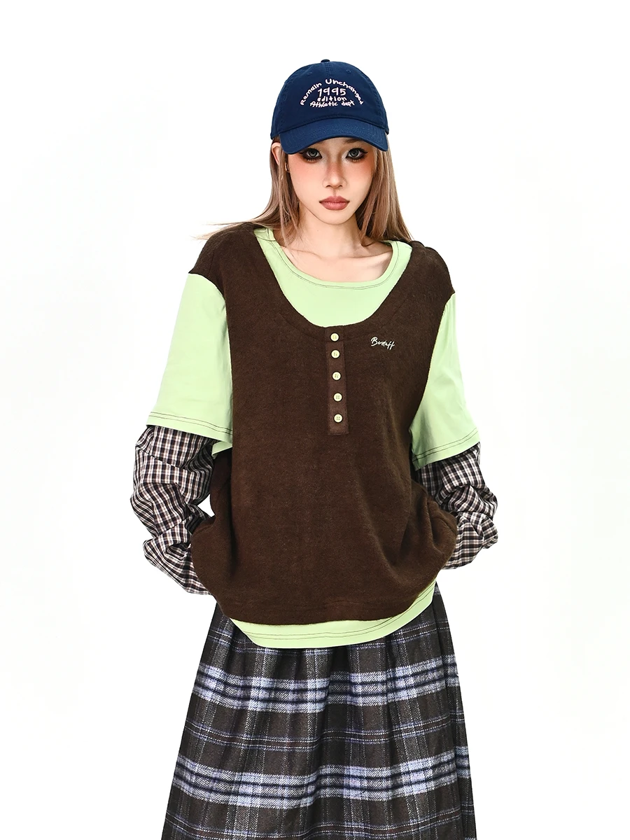 

American Sle Loose Long Sve T-irt Women's Spring New Vintage Streetwear Fake Two-Piece round Ne Pullover Top