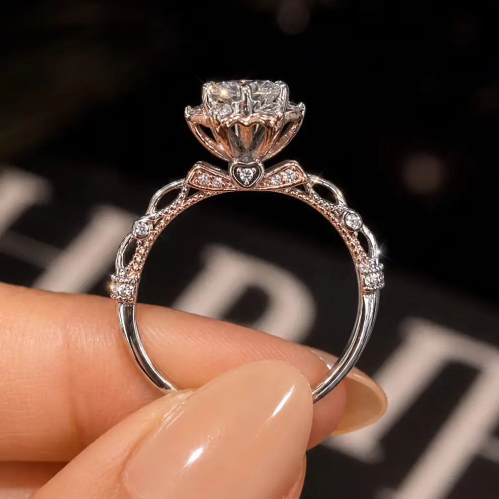 925 Sterling Silver 1-Carat Moissanite Ring, Two-Tone Six-Pointed Star Wedding Band