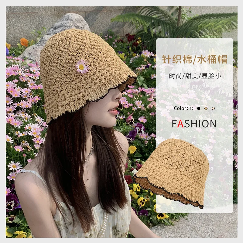 Summer Bucket Hat For Women Korean Style Solid Color With Edge Straw Beach Fisherman Hat  Fashion Sunshade Outdoor Cap Gift