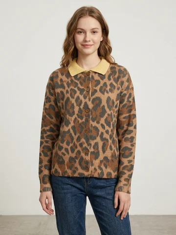 Women Cardigan Long Sleeve Women Vintage Leopard Print Lapel Collar Button Knit Cardigan Long Sleeve Loose Western Fall Casual Shacket Cardigan
