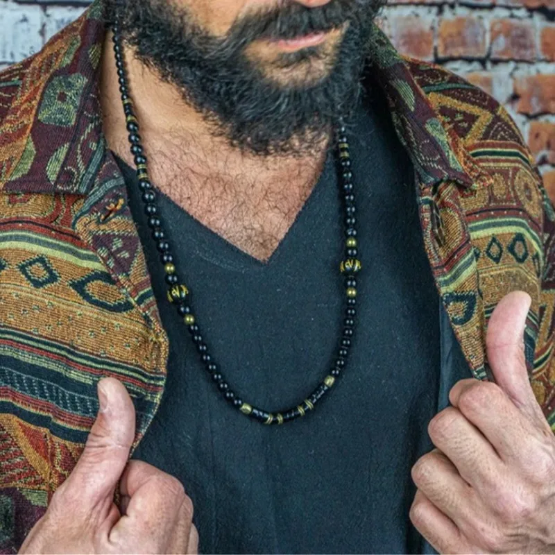 Men's Black Tibetan Bead Necklace Summer Beach Surfer Handwoven Adjustable Chain Tibetan Mantra Jewelry Spiritual Gift