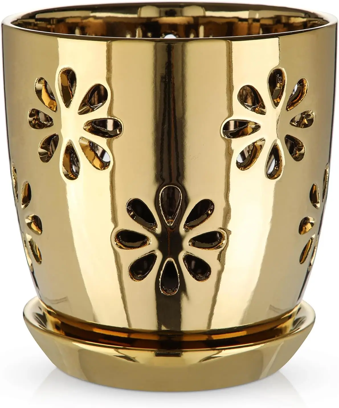 

6 inch Orchid Pots with Holes, Gold Ceramic Orchid Pot for Repotting Small Indoor Plant Pots with Drainage Holes and Sau