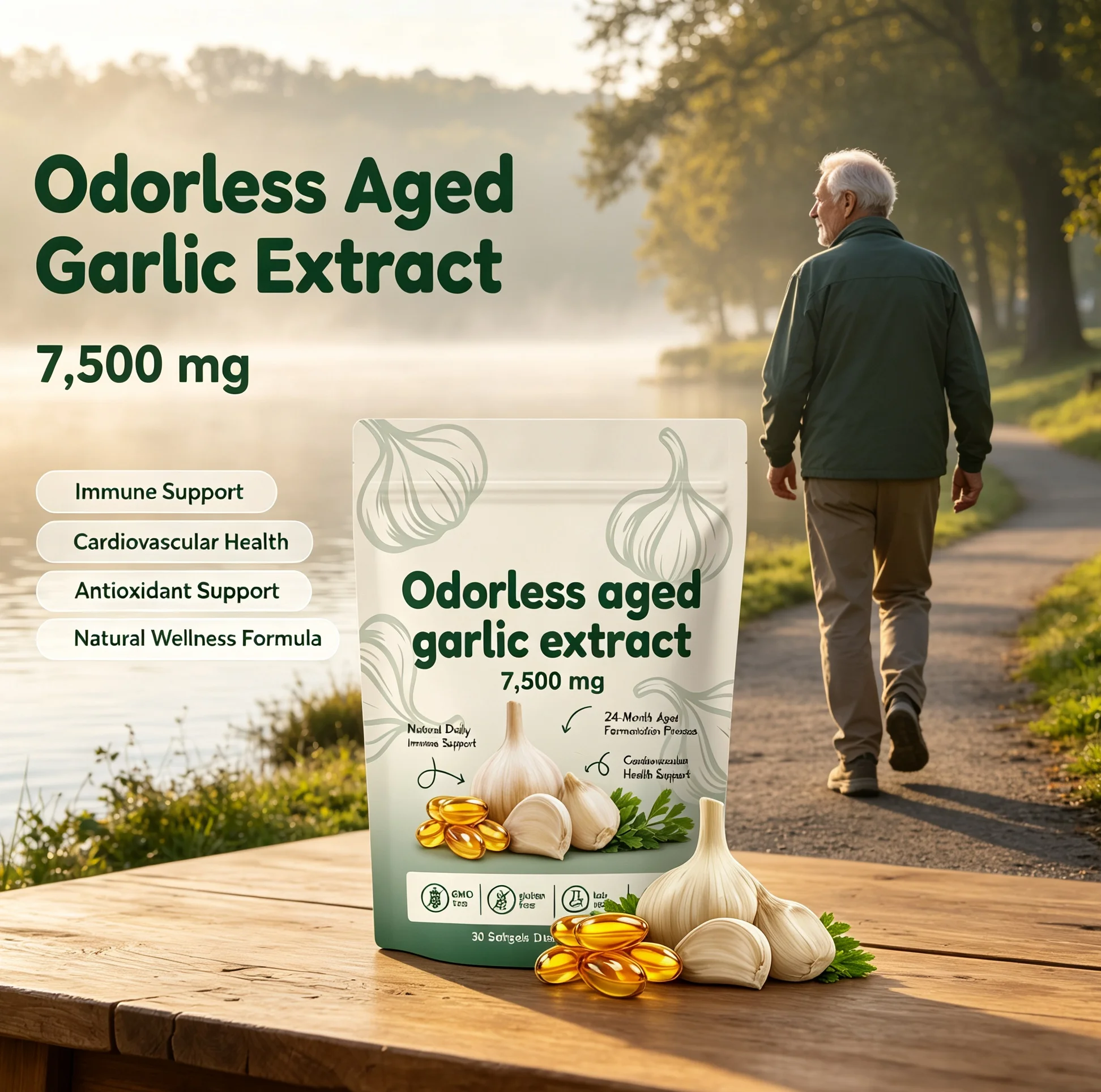 Odorless Aged Garlic Extract Capsules, Antioxidant Supplement, Boost Immunity, Support Cardiovascular & Heart Health, Non-GMO