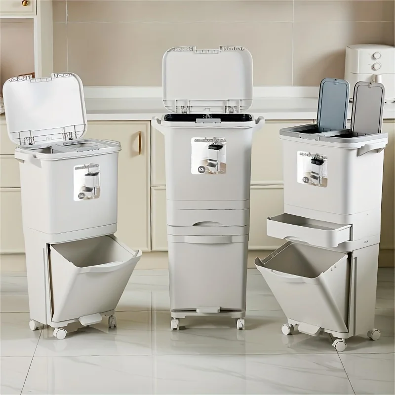 Garbage Classification 34/37L Plastic Trash Bin Home Kitchen Garbage Classification Can with Wheels Garbage Storage