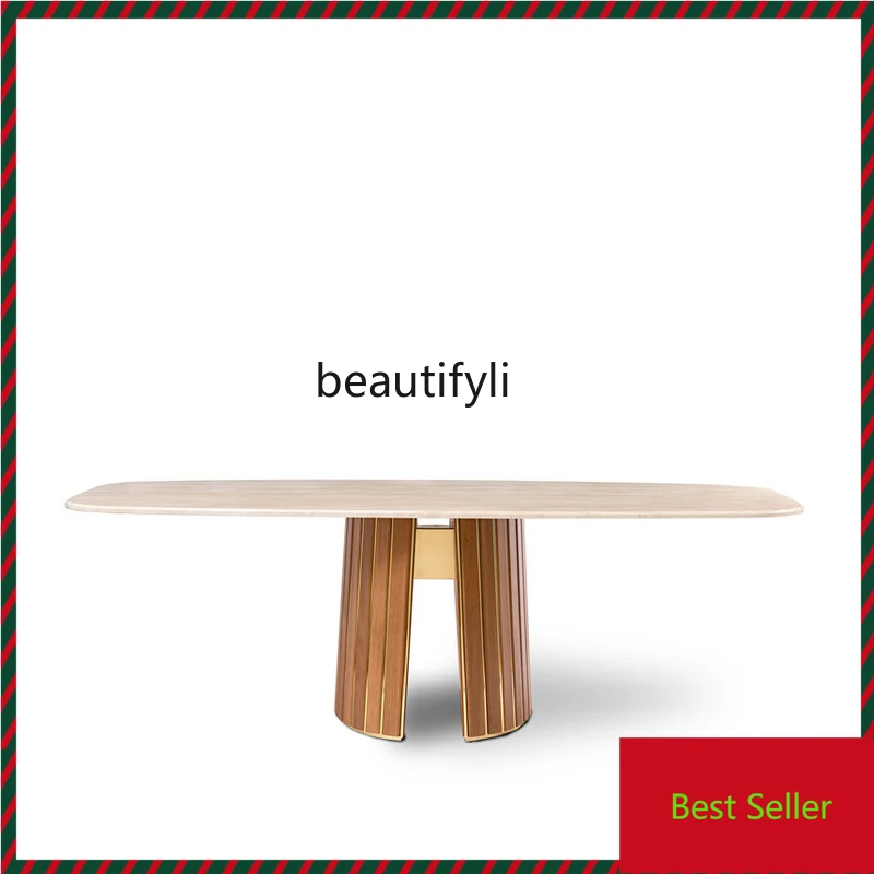 Designer Creative Cave Stone Table Bamboo Simple Dining Table Veneer Stainless Steel Table Leg Modern Light Luxury Villa