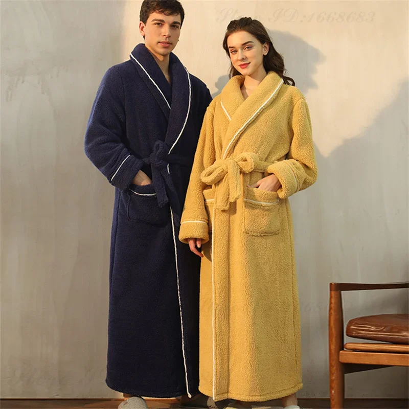 Autumn Winter Warm Bathrobe Gown Home Clothes Thicken Coral Fleece Couple Sleepwear Long Robe Loose Flannel Female Lounge Wear