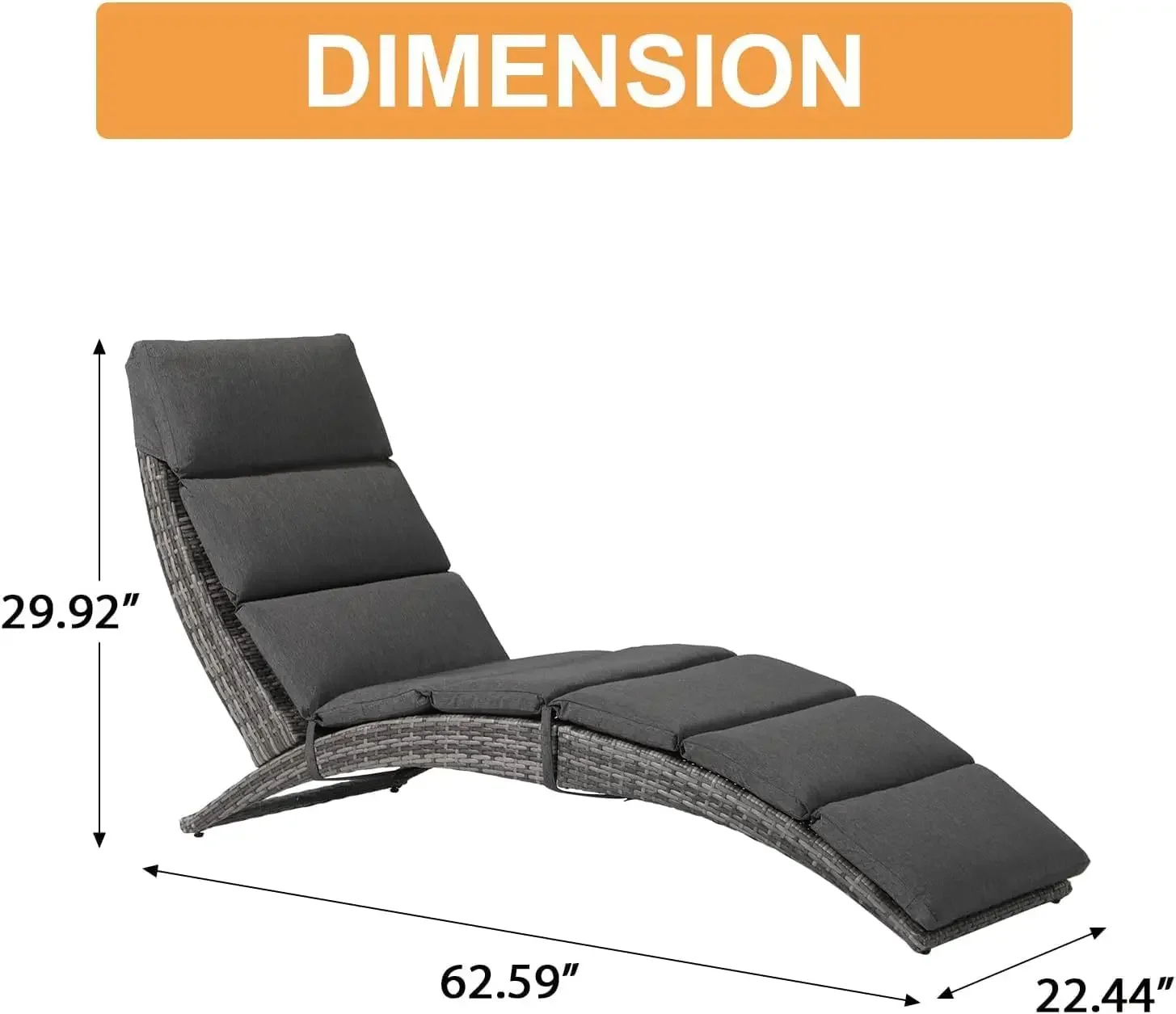 

Patio Chaise Lounge, Outdoor Lounge Chair, PE Rattan Folding Chaise Lounger with Removable Dark Gray Cushion, Suitable