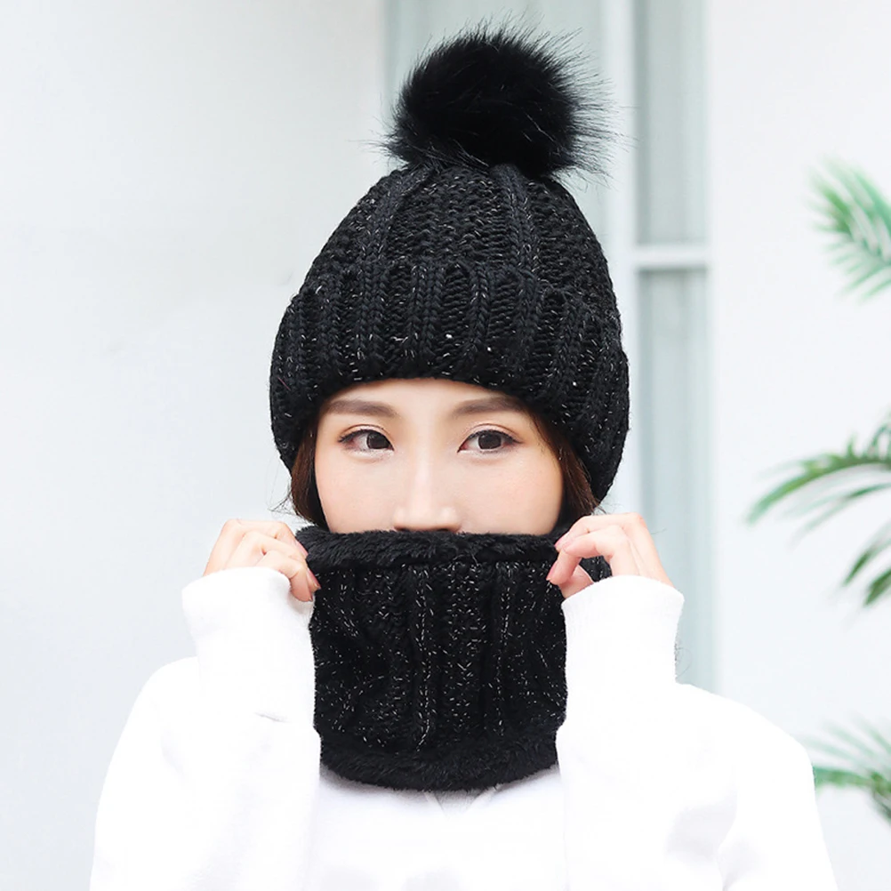 

Thickened Winter Knitted Hat Scarf Set Warm Woolen Yarn Beanie For Women Fashionable Outdoor Gift Black Easy Match Durable