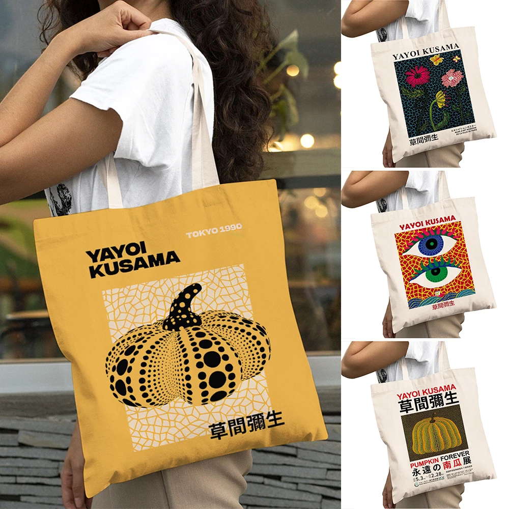 

Yayoi Kusama Pumpkin Mushroom Lady Shopping Bags Big Capacity Double Print Shopper Bag Women Shoulder Tote Daily Use Handbag