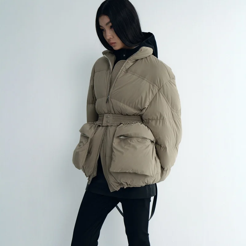 

Корейское зимнее универсальное женское пальто из гусиного пуха с воротником-стойкой, пояс, теплый хлеб, универсальное женское пальто