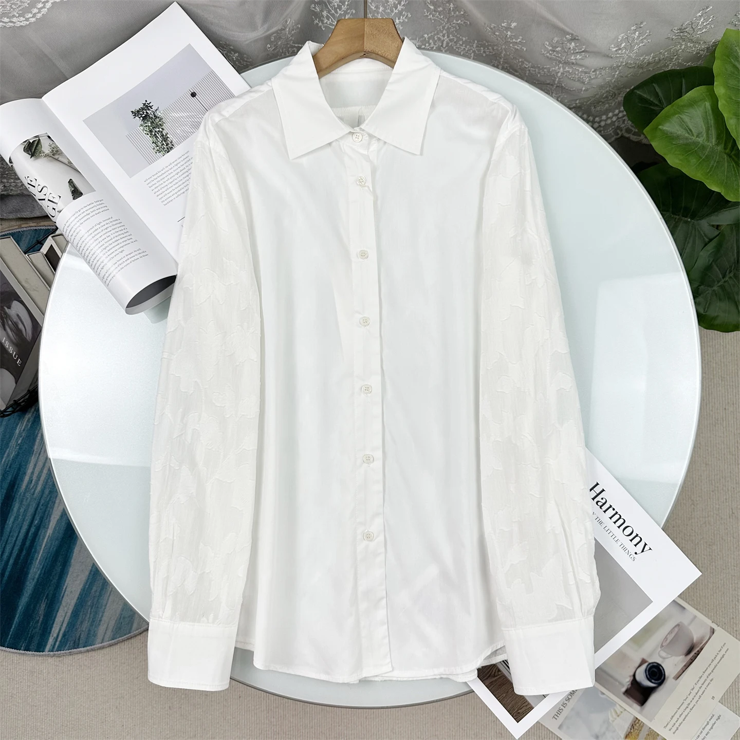 

New 2026 Spring Women's Shirt Simple Design Shadow Cutout Collar White Top Commute Cotton Polyester Loose Fit Long Sleeve