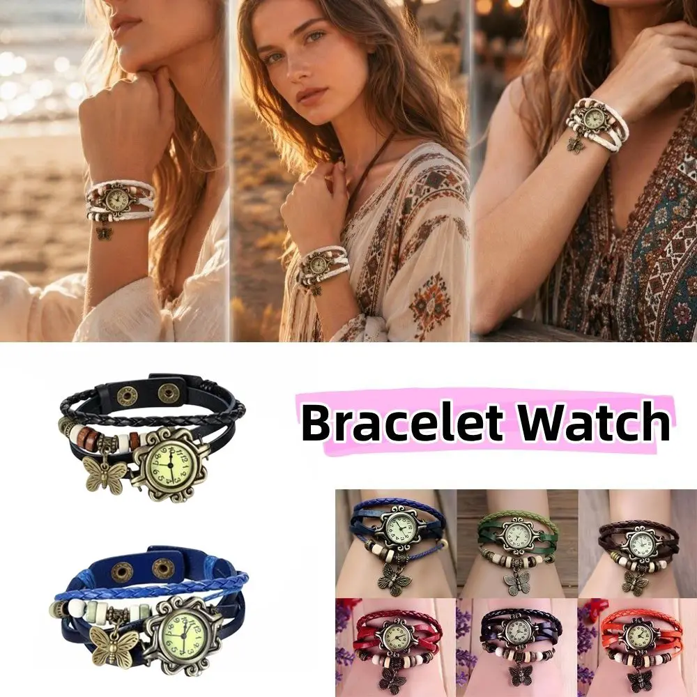 Vintage Bracelet Watch PU Leather Butterfly Charm Wrap Bracelet Watch Leather Wrapped Quartz Movement Women Wristwatch Women