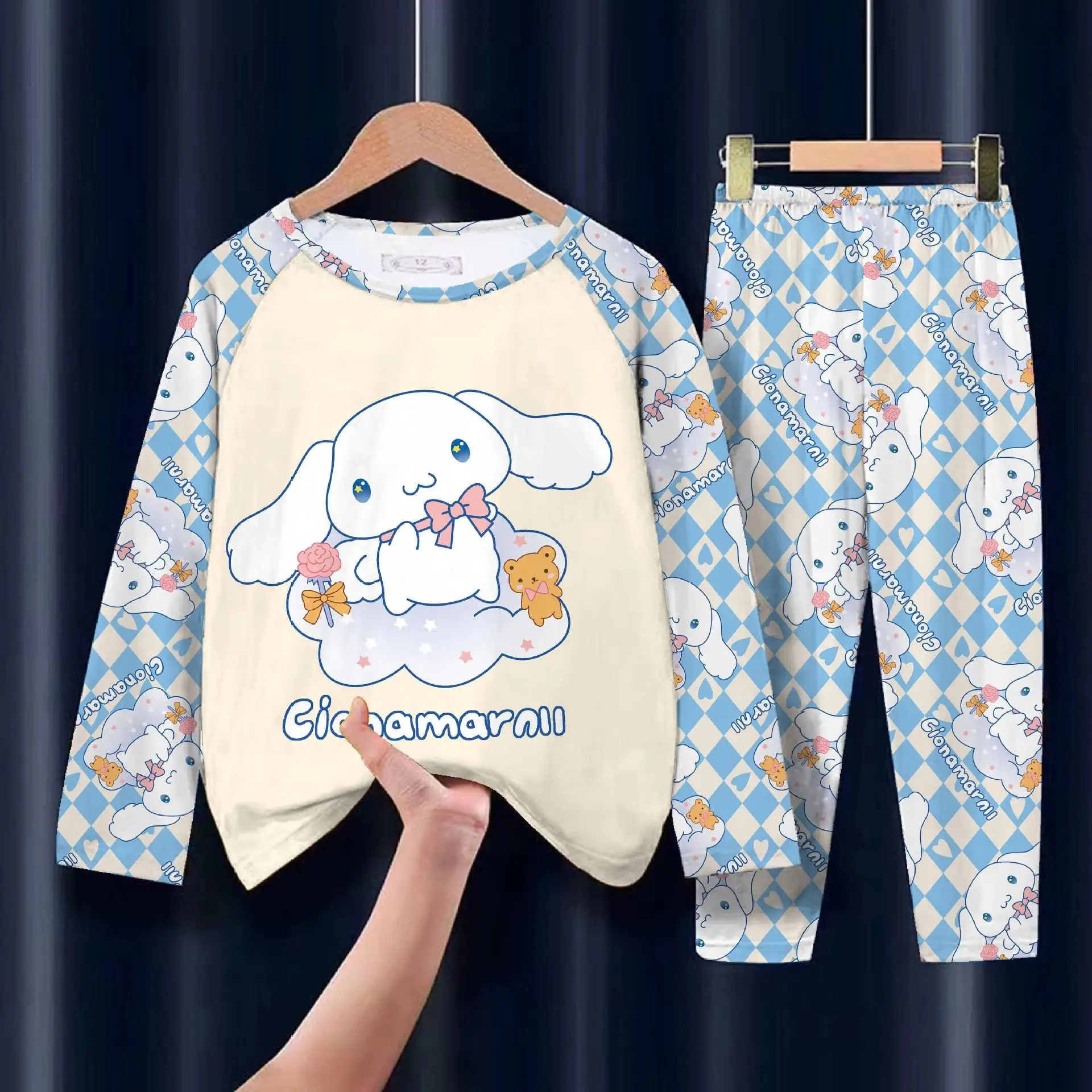 Sanrio Cinnamoroll Children Pajama Sets Round Neck Soft Comfy Print Kids Nightclothes Set Loose Breathable Housewear Autumn