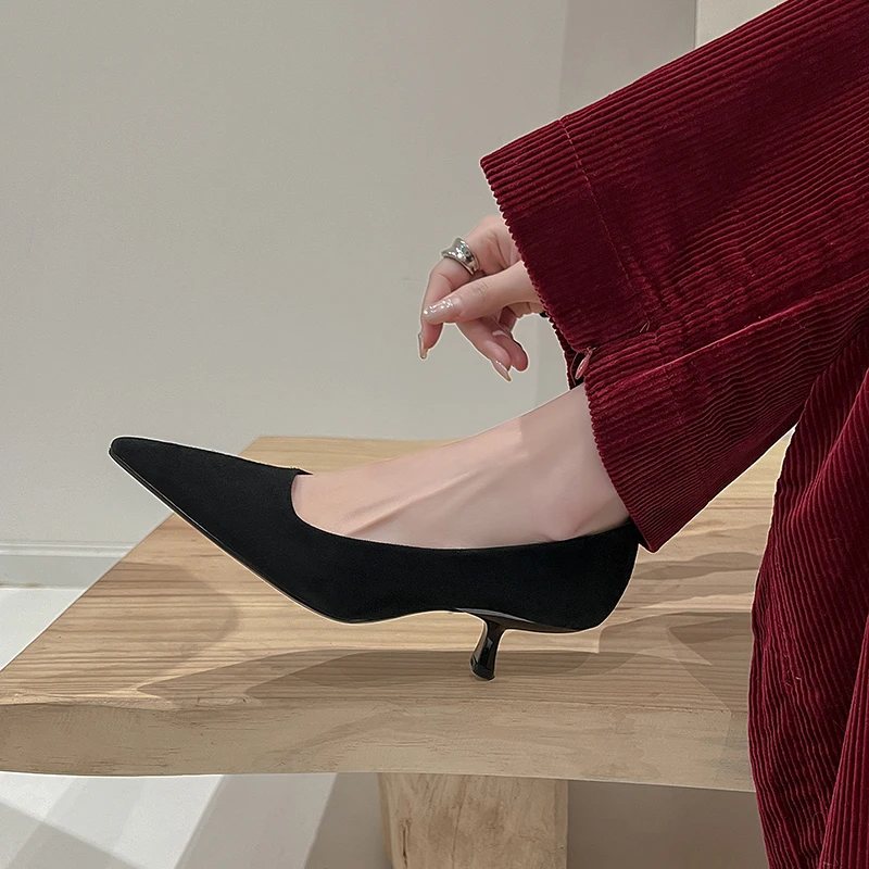 Women Leopard Shoes Spring Sexy Pumps Mid Heel Pointed Toe Pumps European Slip On Basic Shoes Sheepsuede French Style Footwear