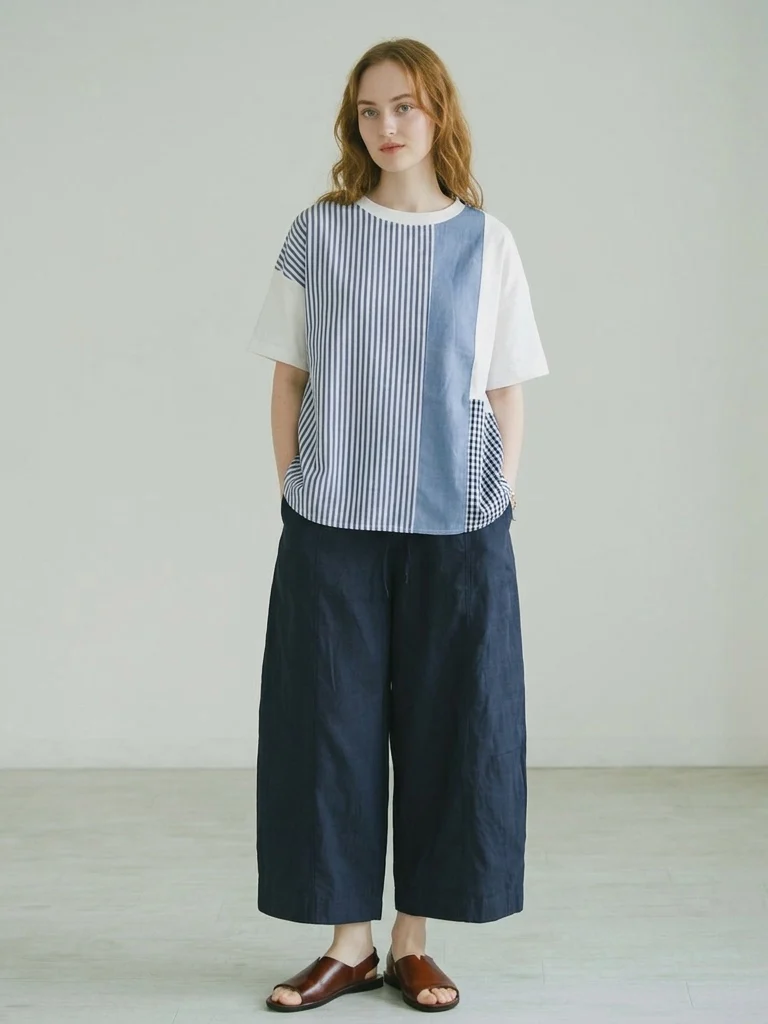 Loose Fit Short Sleeve T-Shirt Casual Style Color Block Design Japanese Vertical Stripes  Check Loose Silhouette Top