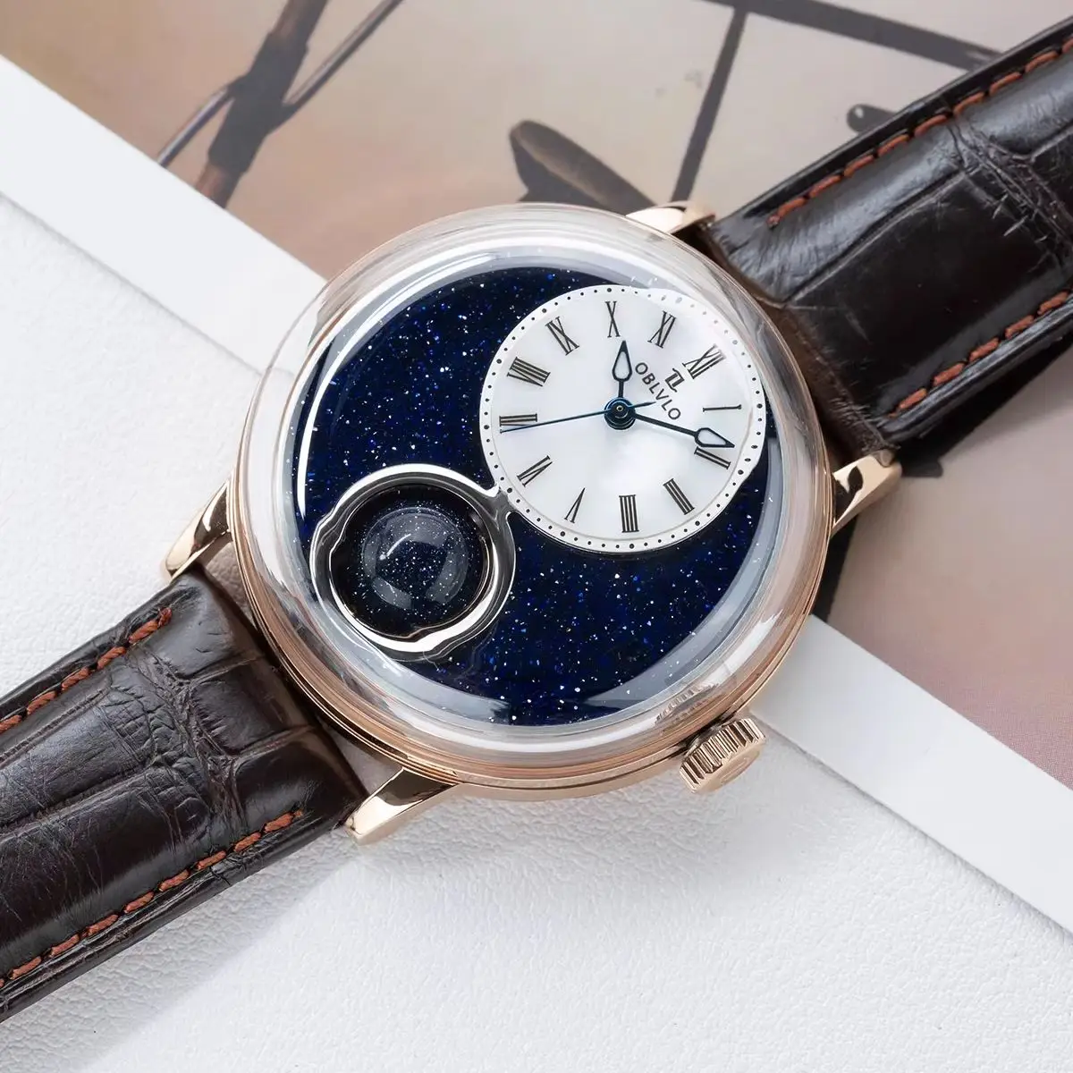 OBLVLO Men Automatic Watch 42MM Mechanical Wristwatch Luminous Waterproof Bubble Sapphire Mirror Rotatable 24 Hours Ball