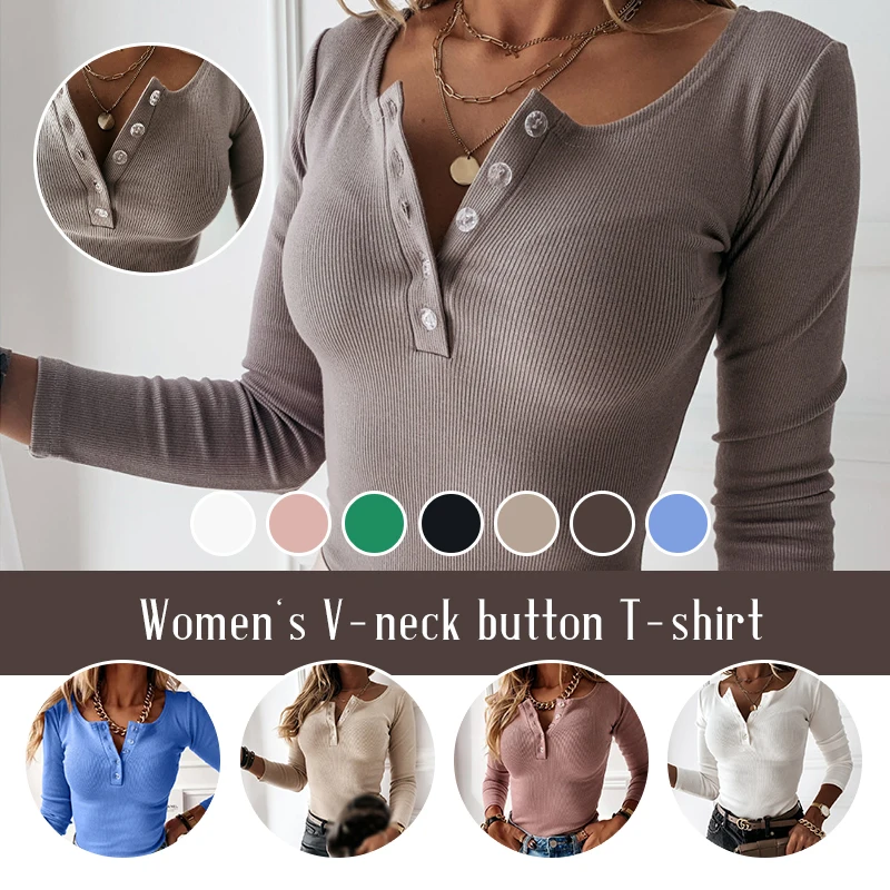 

Autumn Winter Women's Undercoat New Fashion Sexy V-neck Button Top Versatile Solid Fit Long Sleeve T-shirt Pullover Sweater