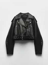 Spring Autumn Women Faux Pu Leather Short Jacket with Belt Motorcycle Biker Female Zipper Lapel Loose Coat Outwear