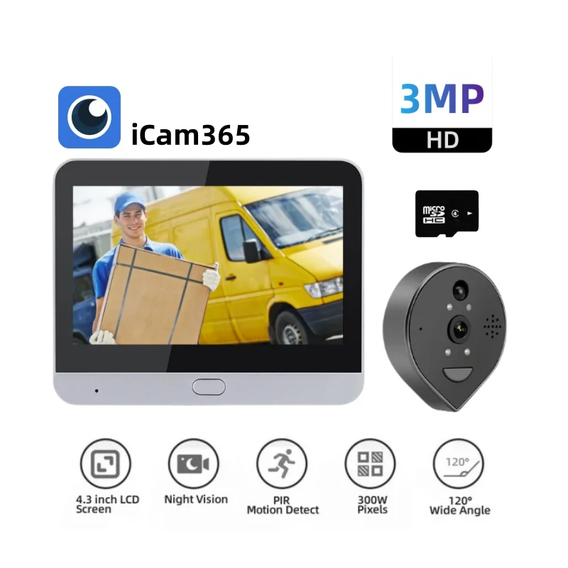3MP Security-Protection Home Peephole Doorbell iCam 365 Video Call Camera Wireless Intercom Can Recording 10/20/60s Video
