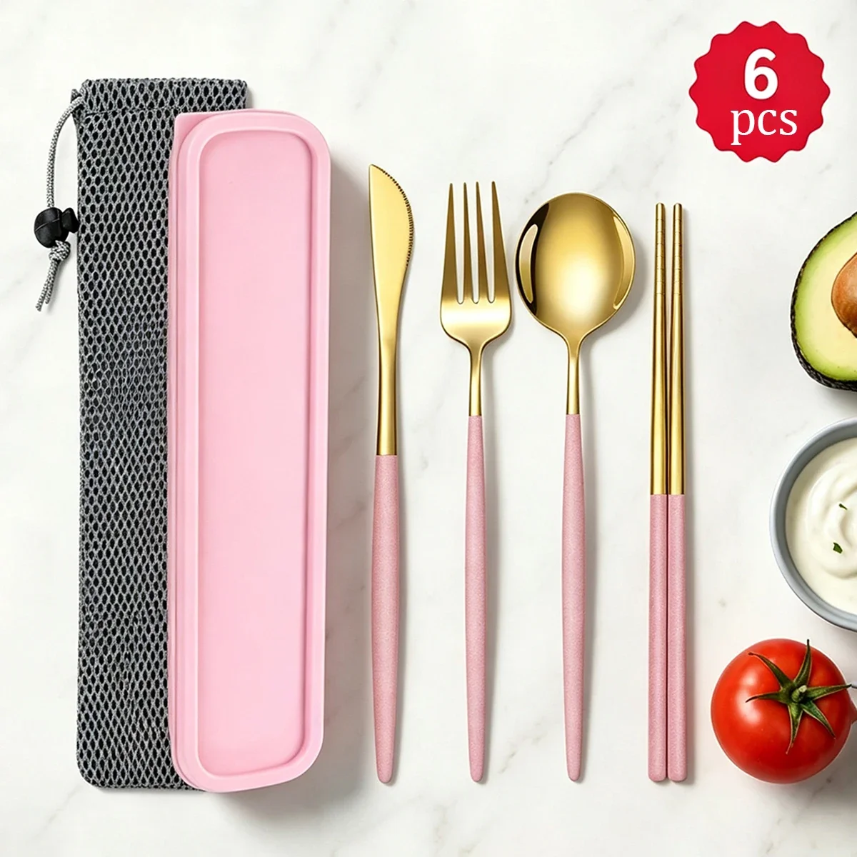 6-teiliges Messer-Gabel-Löffel-Stäbchen-Set mit Aufbewahrungsbox aus Edelstahl, westliches Spiegelbesteck, Küchenbesteck