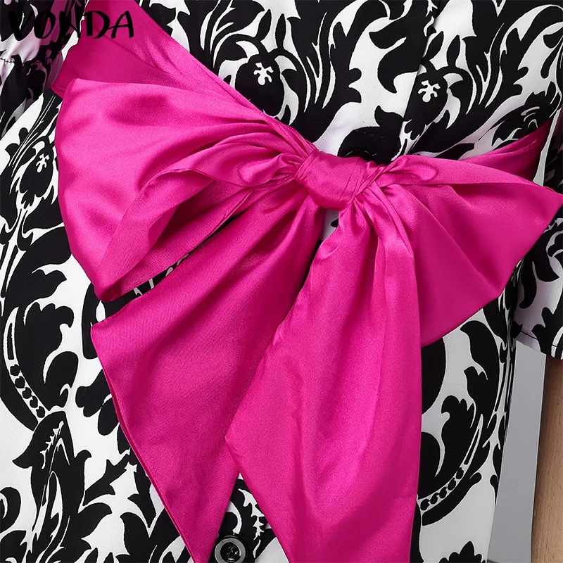 VONDA Women Printing Evening Dress Bohemian Vestidos Stand Collar Bow Belt Casual Loose Robe 2026 Elegant Sundress Oversized