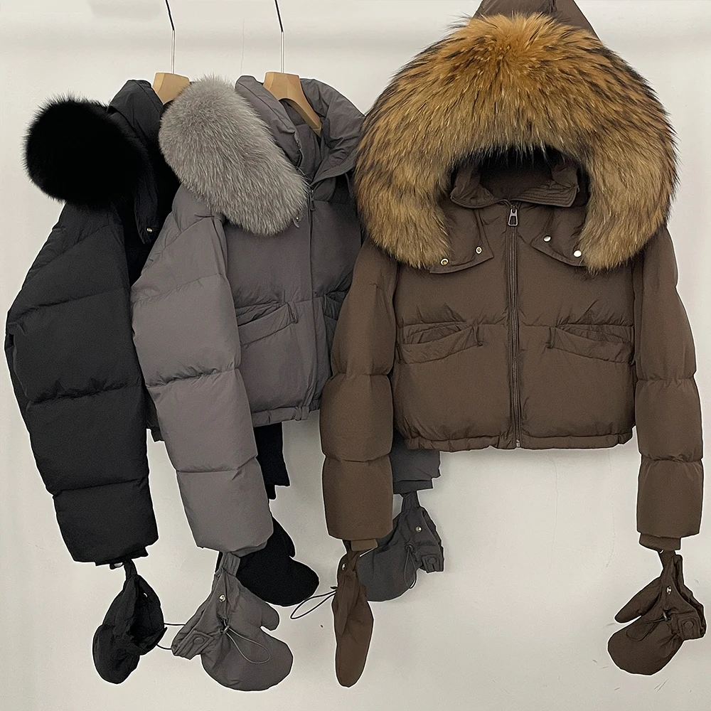Winter Down Coat Luxury Real Fox Raccoon Fur Collar Puffer Jacket Women Thick Warm Hooded Duck Down Parka Bread Fluffy Fur