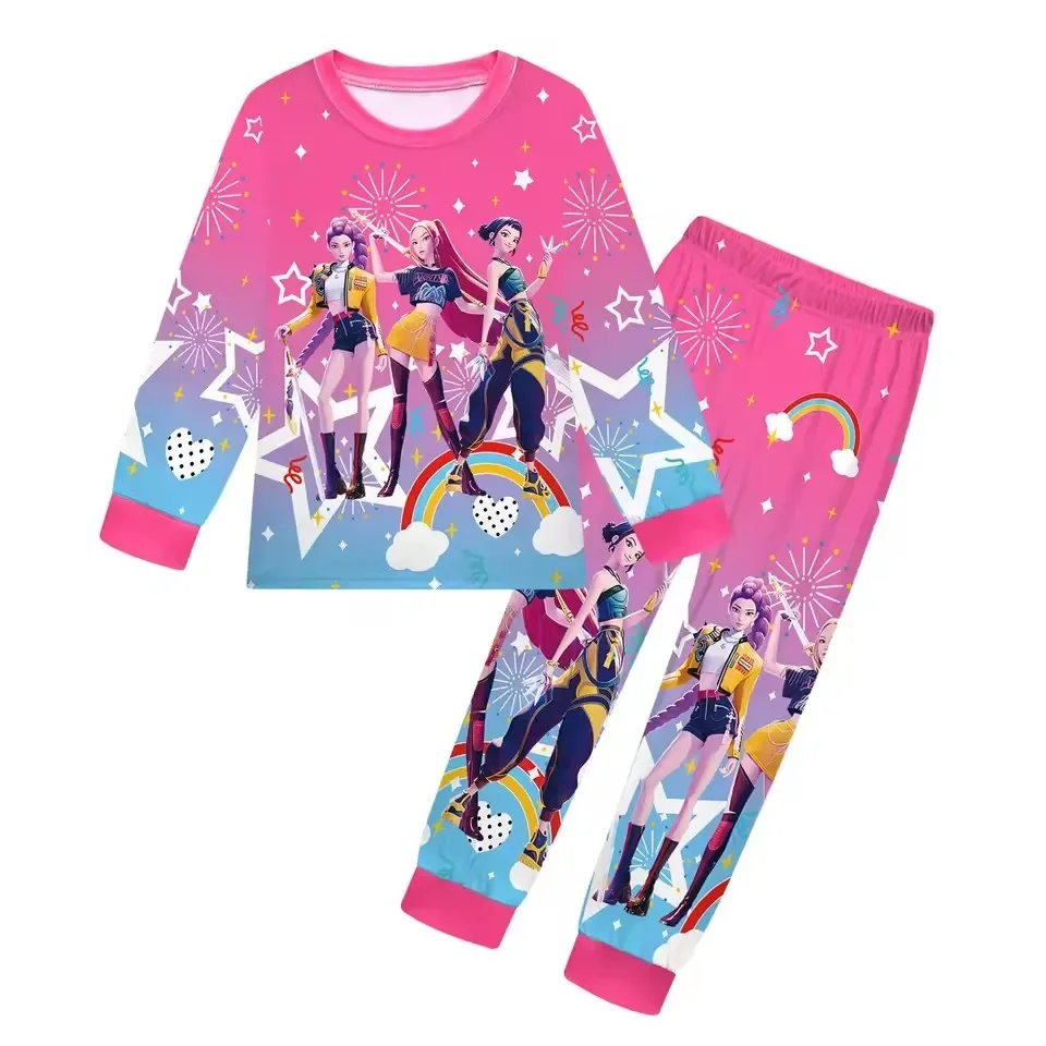 

K-pop Huntrix Demon Hunters Kids Pajama Set Baby Girls Daily Nightgowns Rumi Mira Zoey Girls Long Sleeve T Shirt+Pants 2pcs Set