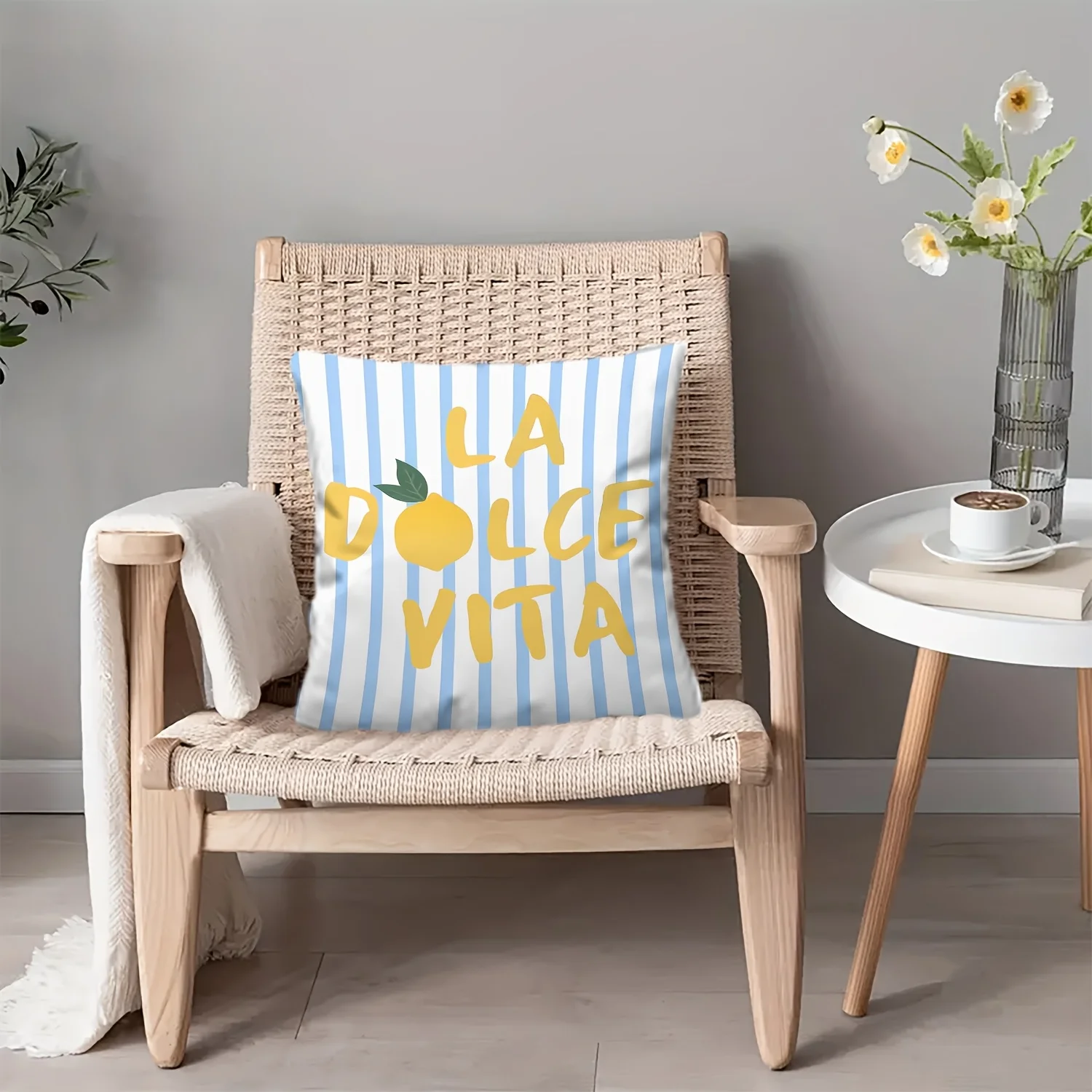 La Dolce Vita Lemon Pillowcase, Blue White Striped Cushion Cover, Italian Summer Quote Decor, Living Room Sofa Throw Pillow - view 6
