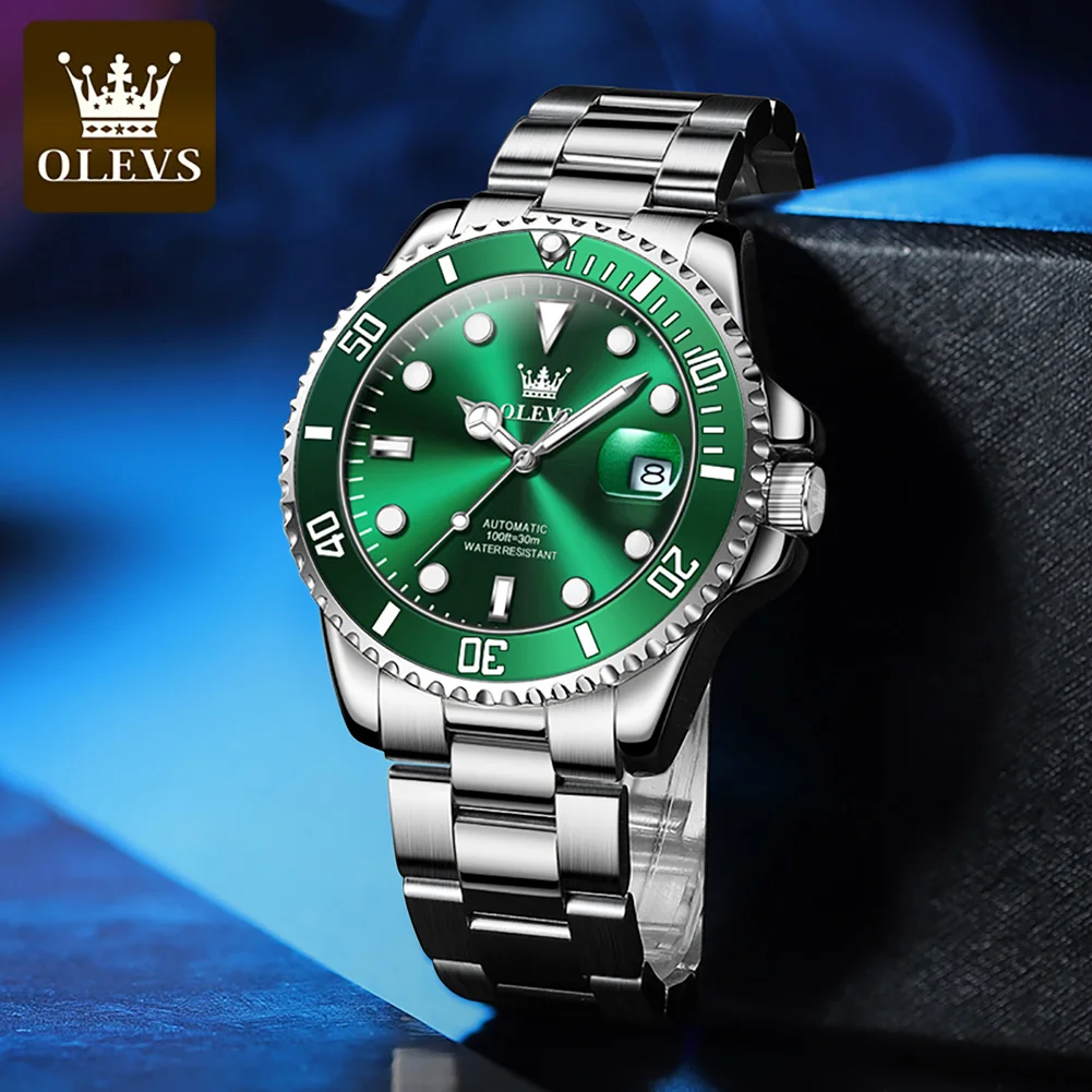 OLEVS-reloj mecánico totalmente automático para hombre, pulsera de marca de lujo con esfera verde, correa de acero inoxidable, resistente al agua,