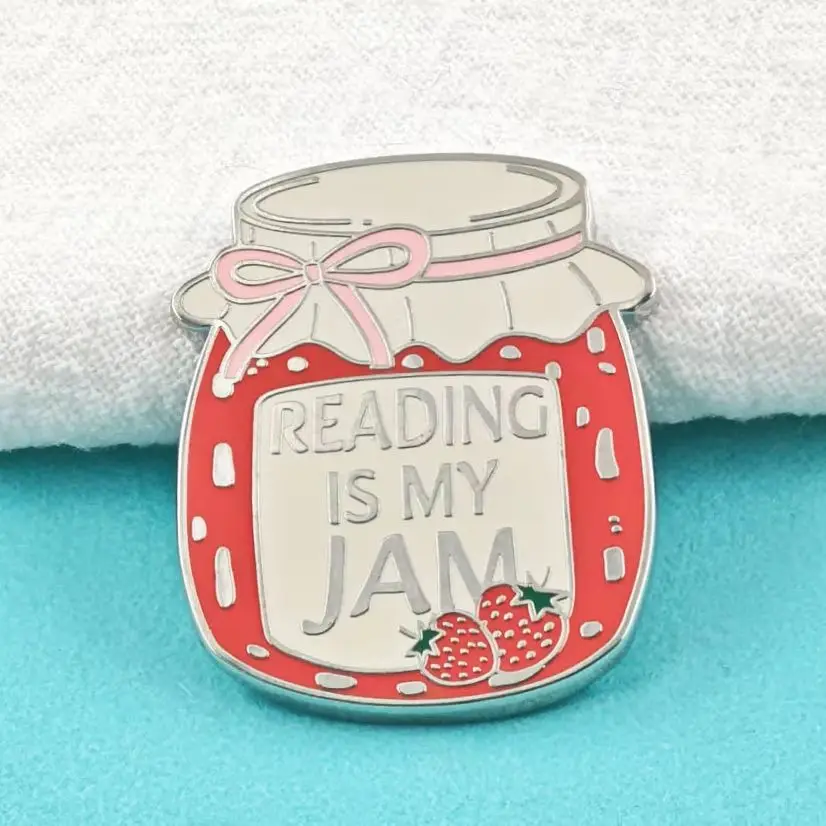 Reading Is My Jam Enamel Pins Cute Strawberry Jam Jar Brooches Funny Book Lovers Quote Lapel Badges Cottagecore Jewelry Gift Who