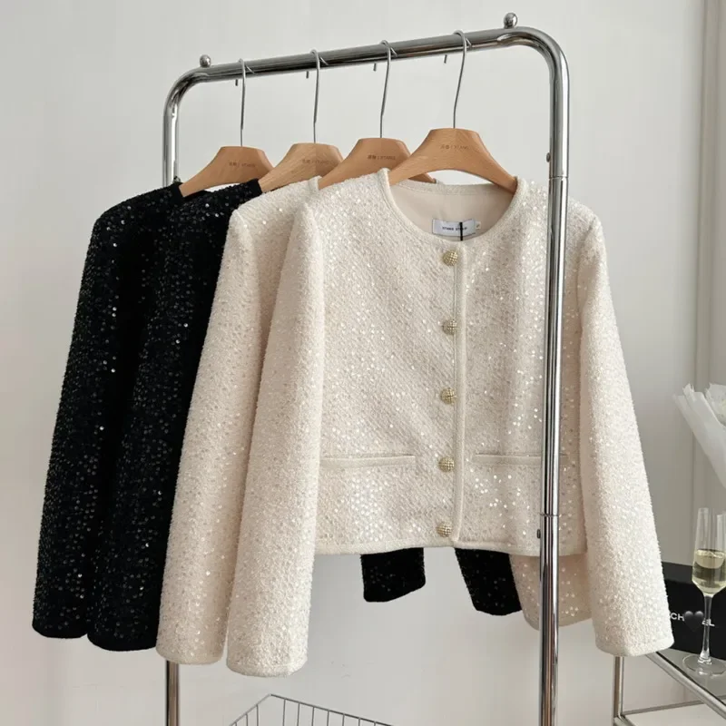 

High Quality Autumn Winter French Luxury Sequins Small Fragrance Tweed Coat For Women Y2K Streetwear Jackets Outwear Chaquetas